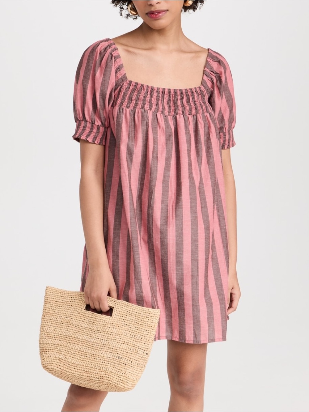 Mille Jane Pink and Gray Striped Smocked Square Neck Short Sleeve Mini Dress XS